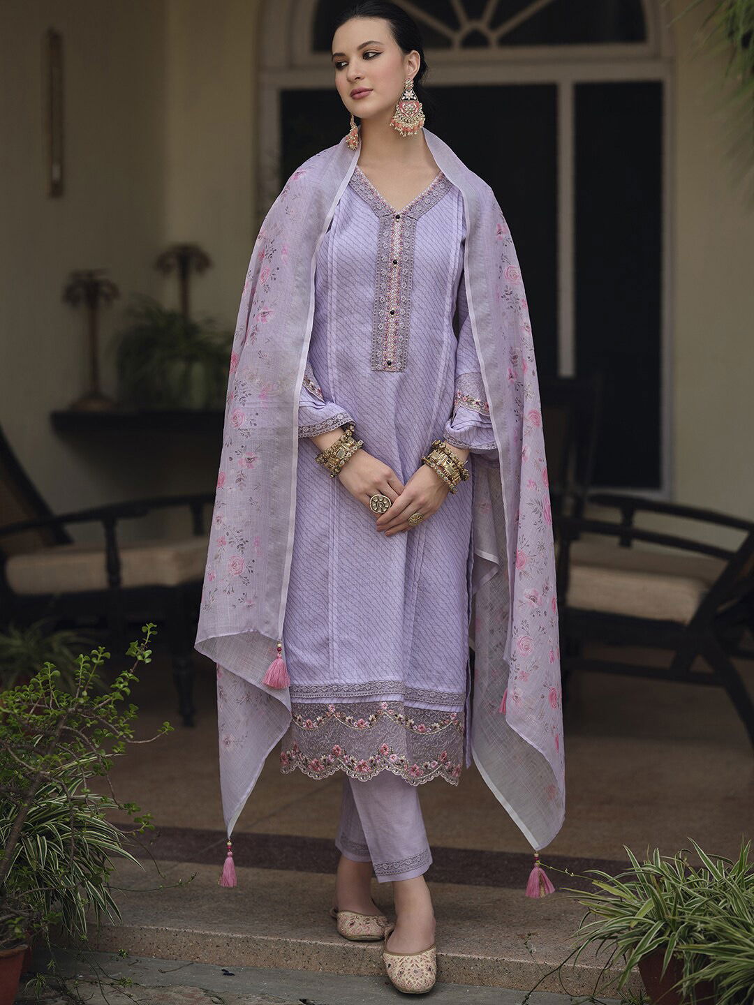 413 Women Linen Cotton Embroidered Kurti With Bottom Dupatta
